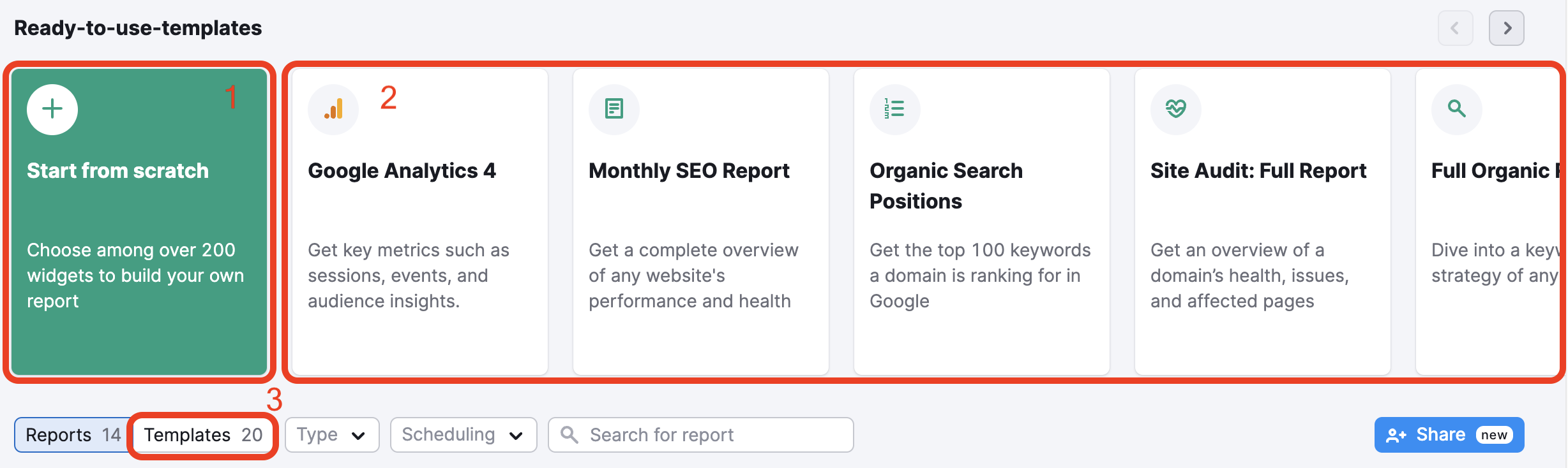 Where to click to create reports from scratch, from a pre-existing template, or your own custom template.